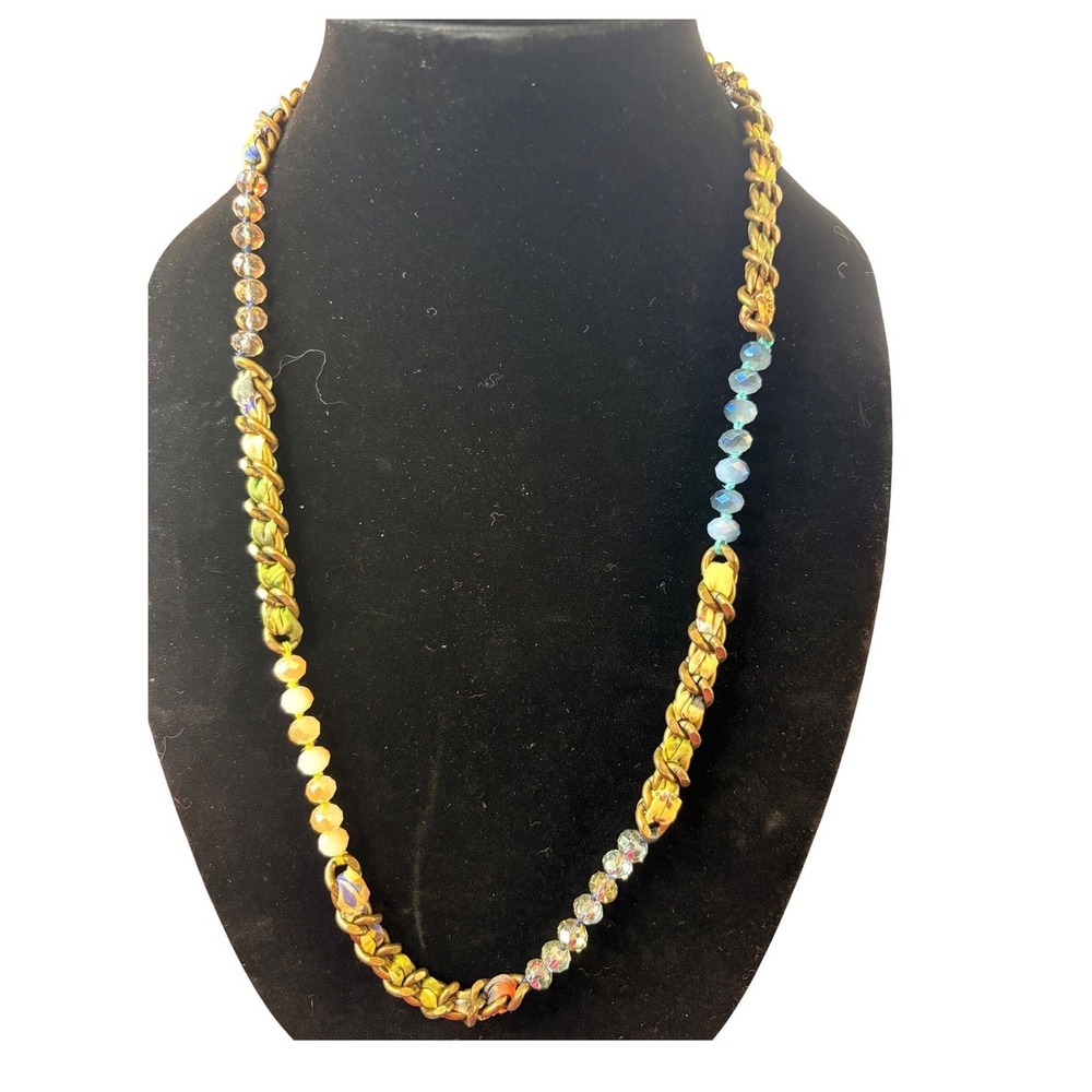 Chloe + Isabel Mixed‎ Media Beaded Chain Fabric Wrap Necklace Antique Brass Boho